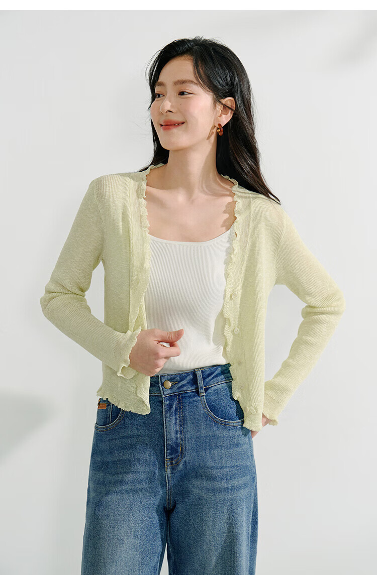 Inman Lotus Leaf V-Neck Lightweight Knit Cardigan Slim Fit Long Sleeve Top Vacation Style 33